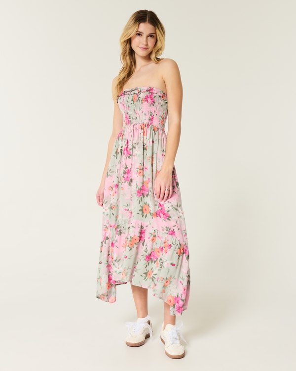 Strapless Asymmetrical Hem Maxi Dress, Light Green Floral view 1