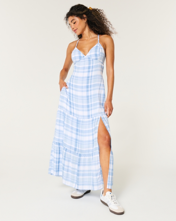 Open Back Babydoll Maxi Dress, Light Blue Plaid