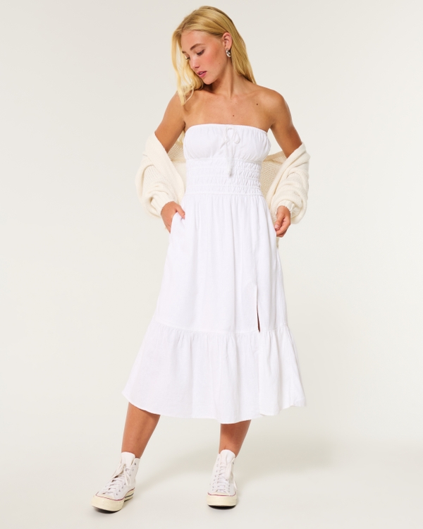 Strapless Channeled Waist Linen Blend Midi Dress, White