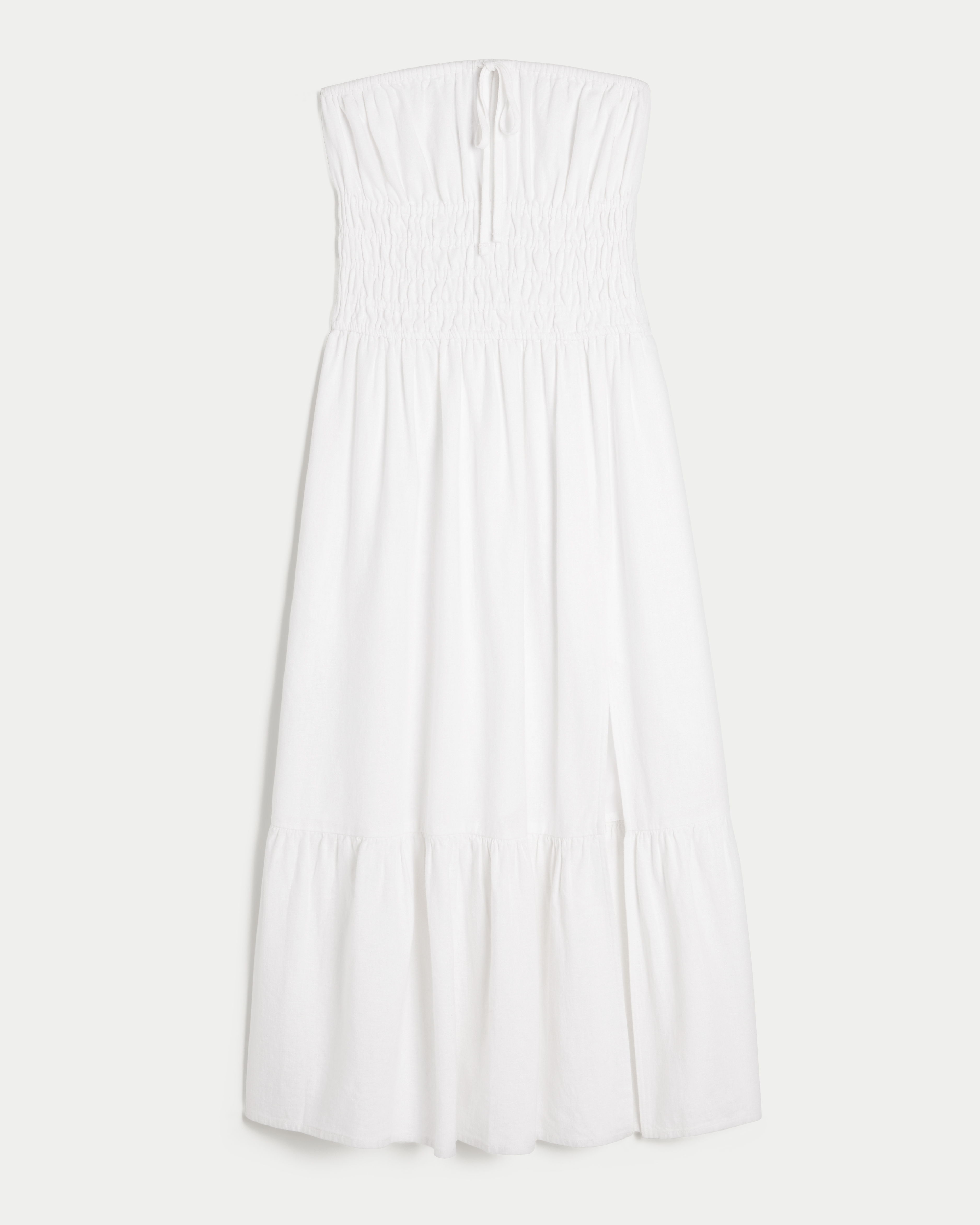 Strapless Channeled Waist Linen Blend Midi Dress