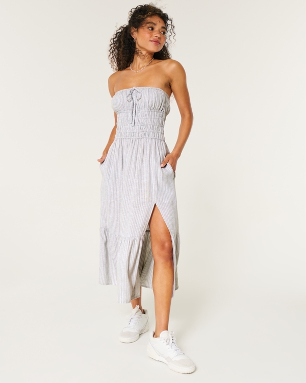 Strapless Channeled Waist Linen Blend Midi Dress, White Stripe