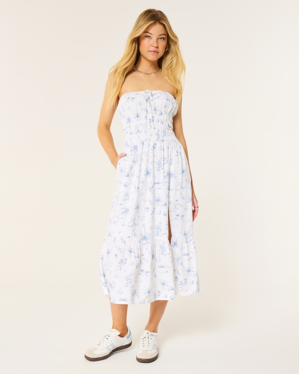 Strapless Channeled Waist Linen Blend Midi Dress, White Floral