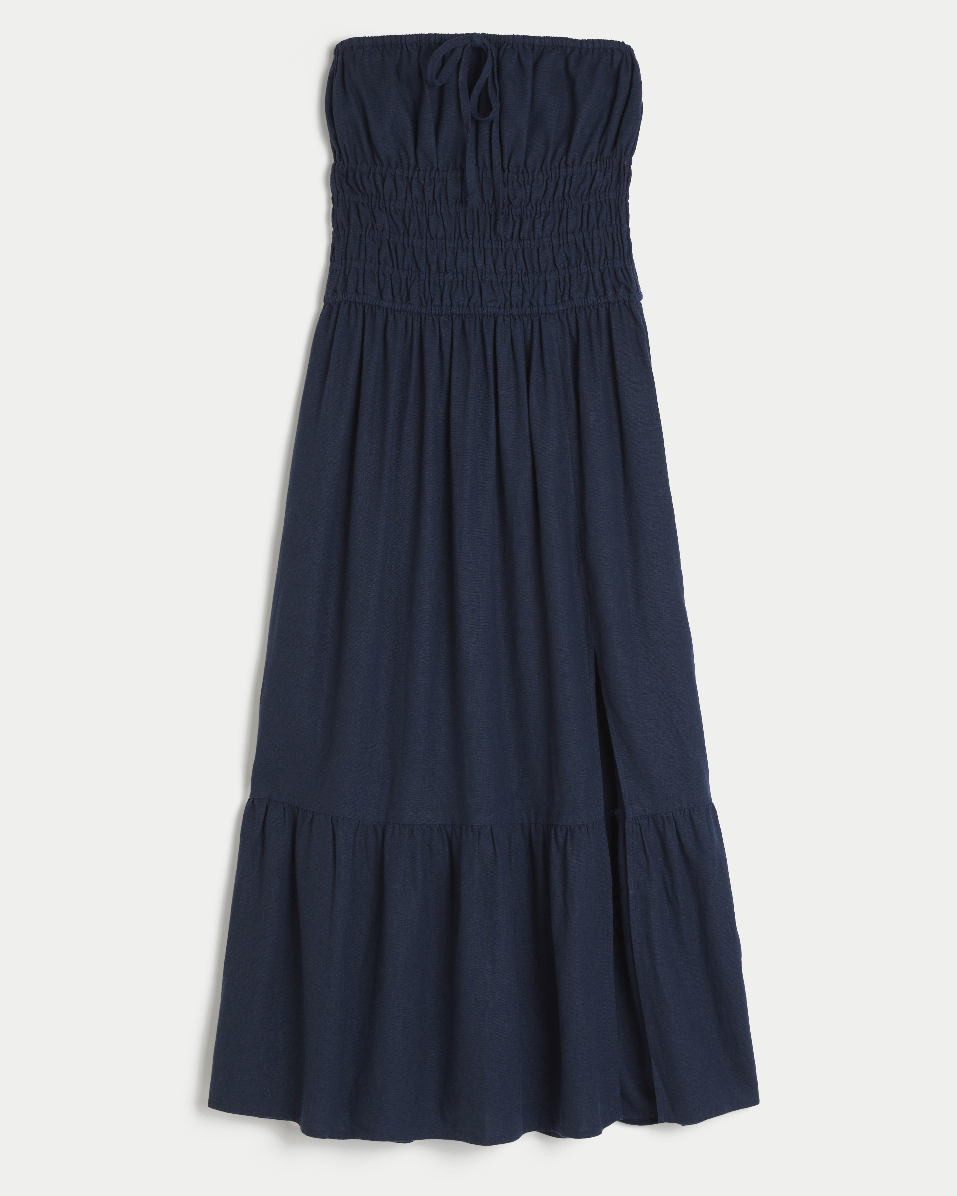 Strapless Channeled Waist Linen Blend Midi Dress