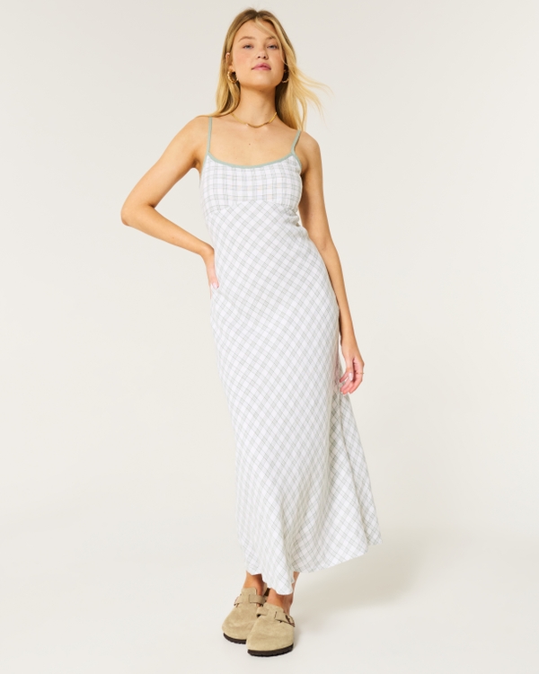 Linen-Blend Open Back Slip Midi Dress, White Stripe