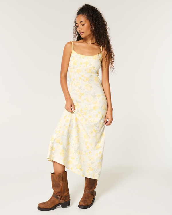 Linen-Blend Open Back Slip Midi Dress, Butter Yellow Floral