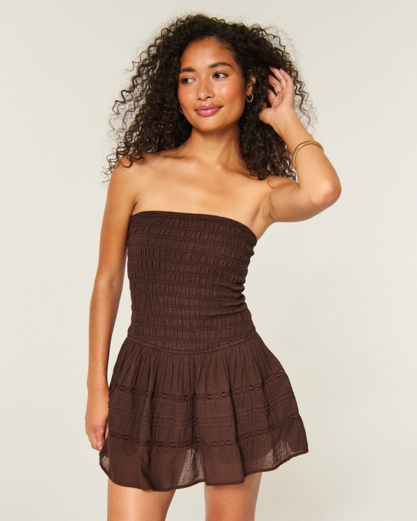 Strapless Smocked Mini Dress, Brown view 1