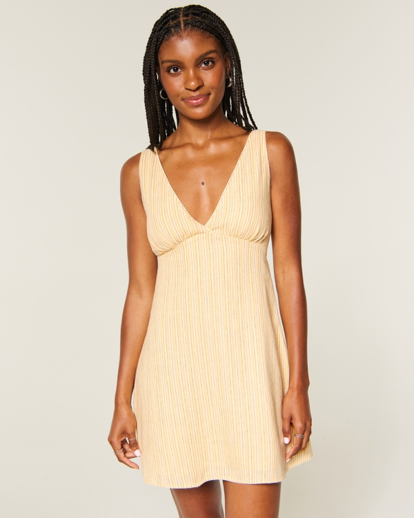 Linen-Blend A-Line Mini Dress, Yellow Stripe view 1