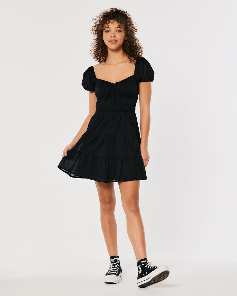 SHORT-SLEEVE CHANNELED WOVEN SHORT DRESS