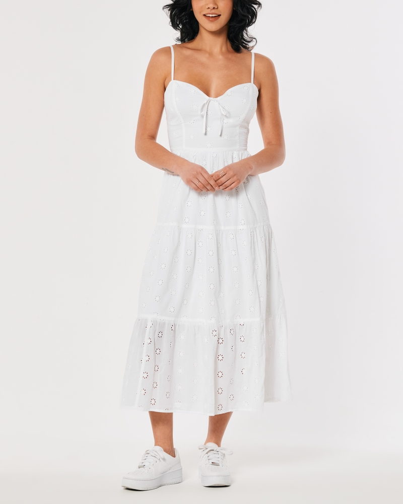 TIE-BACK EYELET MIDI DRESS