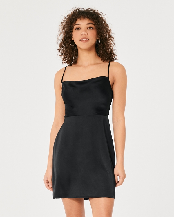 Satin Mini Dress, Black view 1