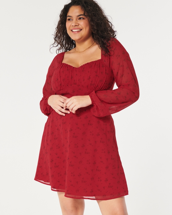 Ruched Sweetheart Dress, Red Floral