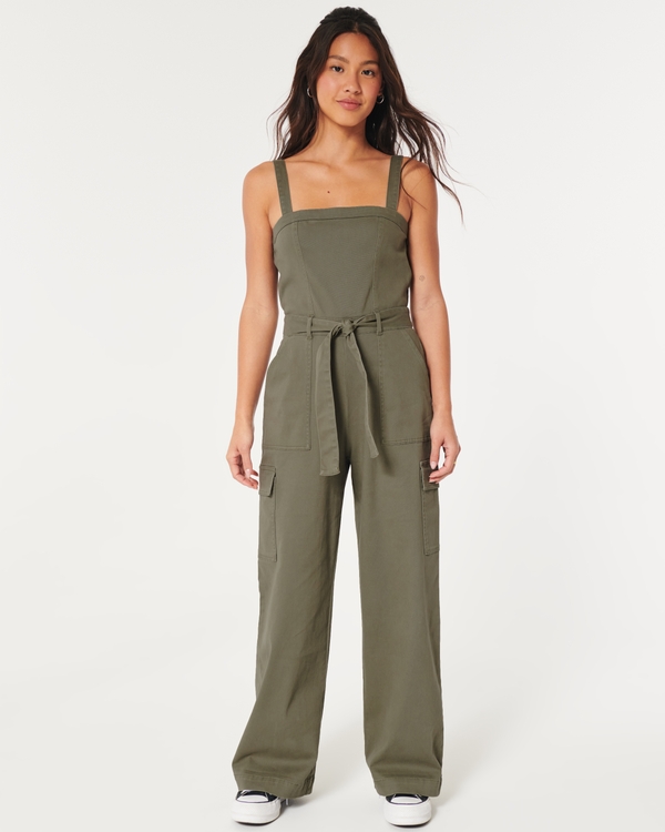 Twill Cargo Jumpsuit, Olive Green