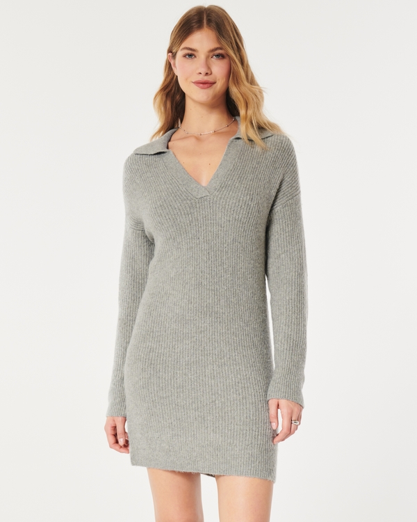 Collared Sweater Dress, Light Grey