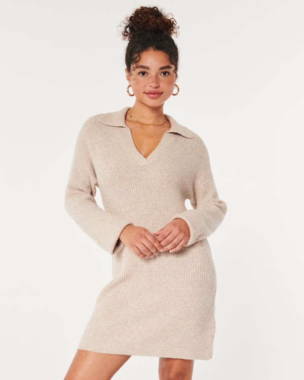 Collared Sweater Dress, Light Brown