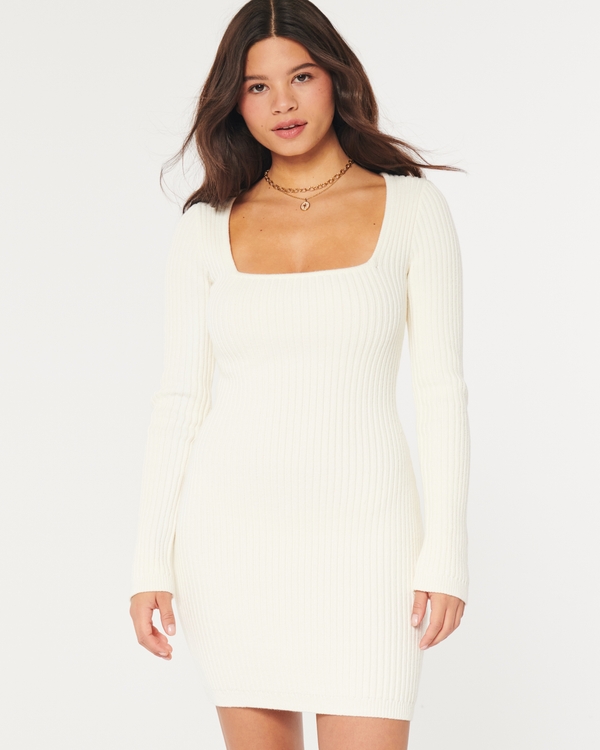 Square-Neck Sweater Dress, Off White