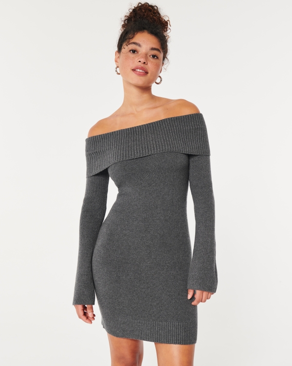 Off-the-Shoulder Sweater Dress, Dark Grey