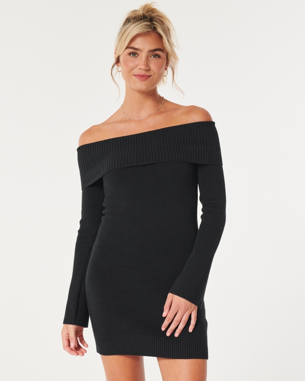 Off-the-Shoulder Sweater Dress, Black