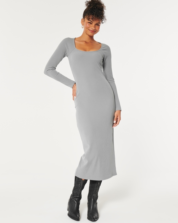 Long-Sleeve Ribbed Midi Dress, Grey