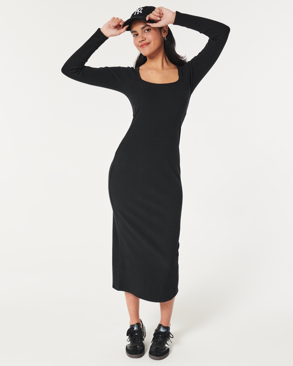 Long-Sleeve Ribbed Midi Dress, Black