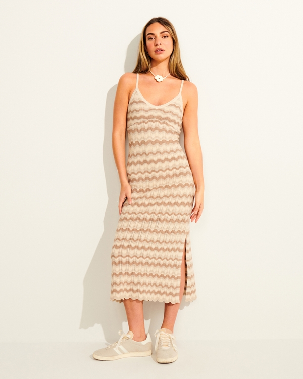 Crochet-Style Midi Dress, Brown Stripe