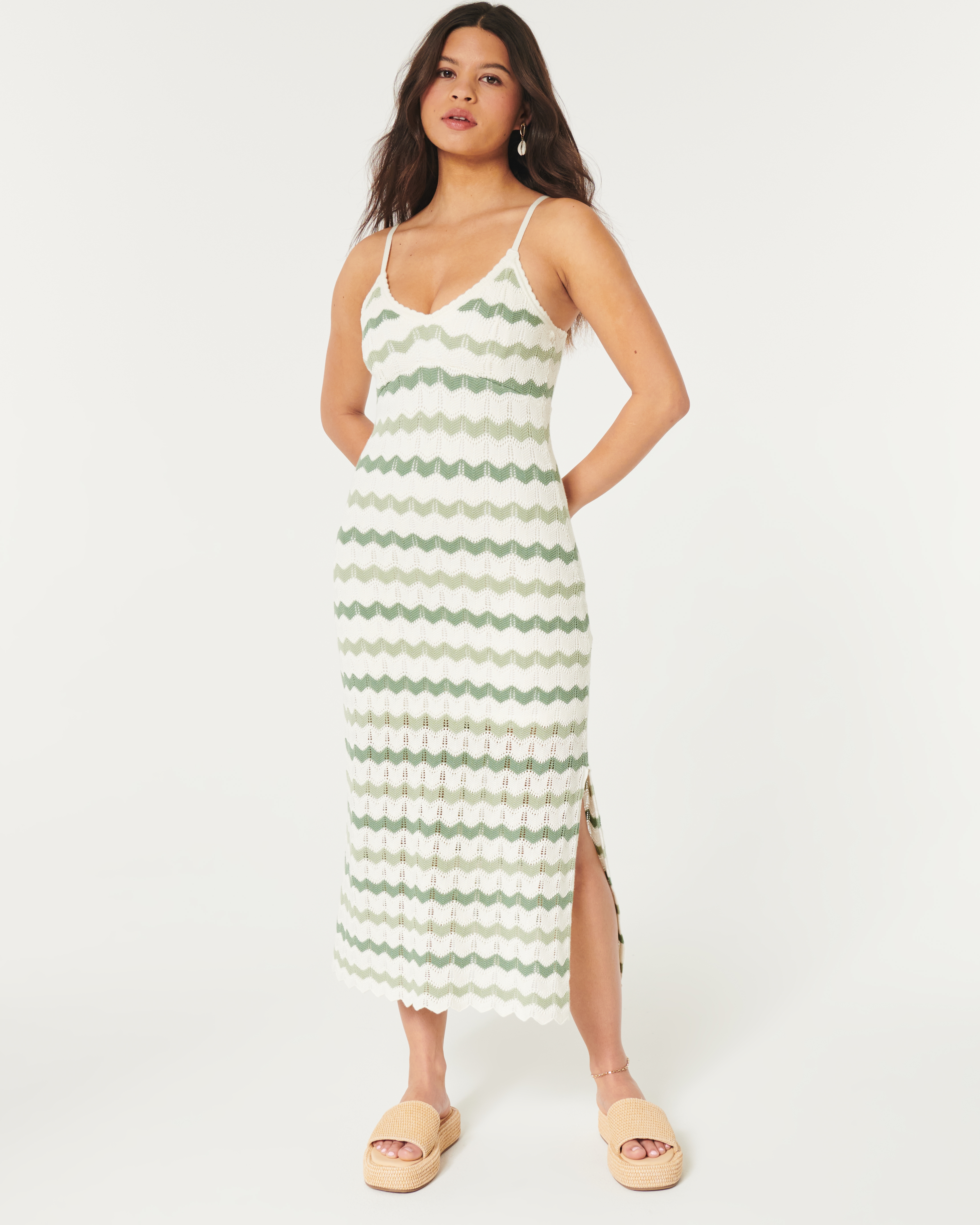 Women s Crochet Style Midi Dress in Green Stripe Size XXS PETITE from Hollister