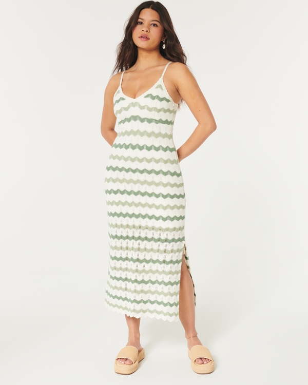 Crochet-Style Midi Dress, Green Stripe