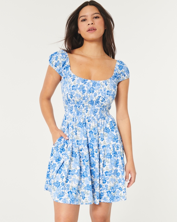 Smocked Bodice Knit Mini Dress, Blue Floral