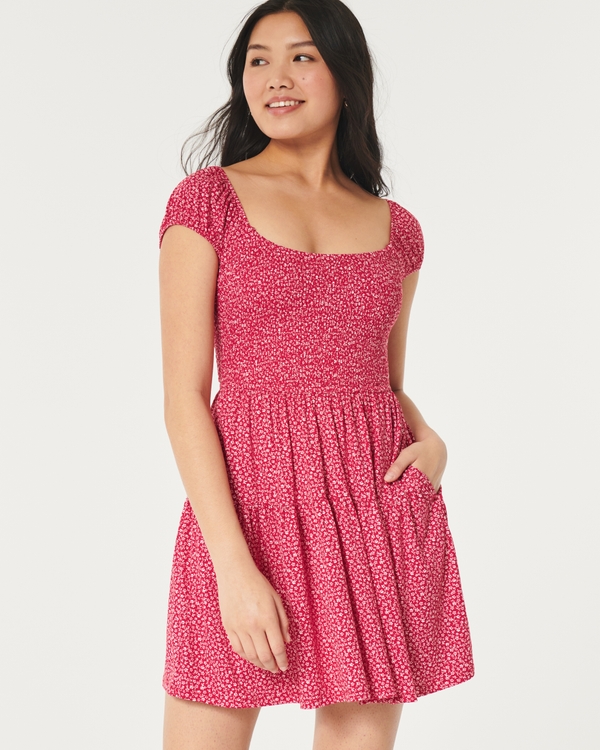 Smocked Bodice Knit Mini Dress, Red Floral
