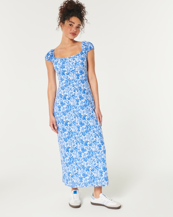 Crepe Cap Sleeve Open Back Midi Dress, Blue Floral