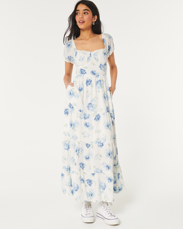 Ruched Bust Maxi Dress, White Floral