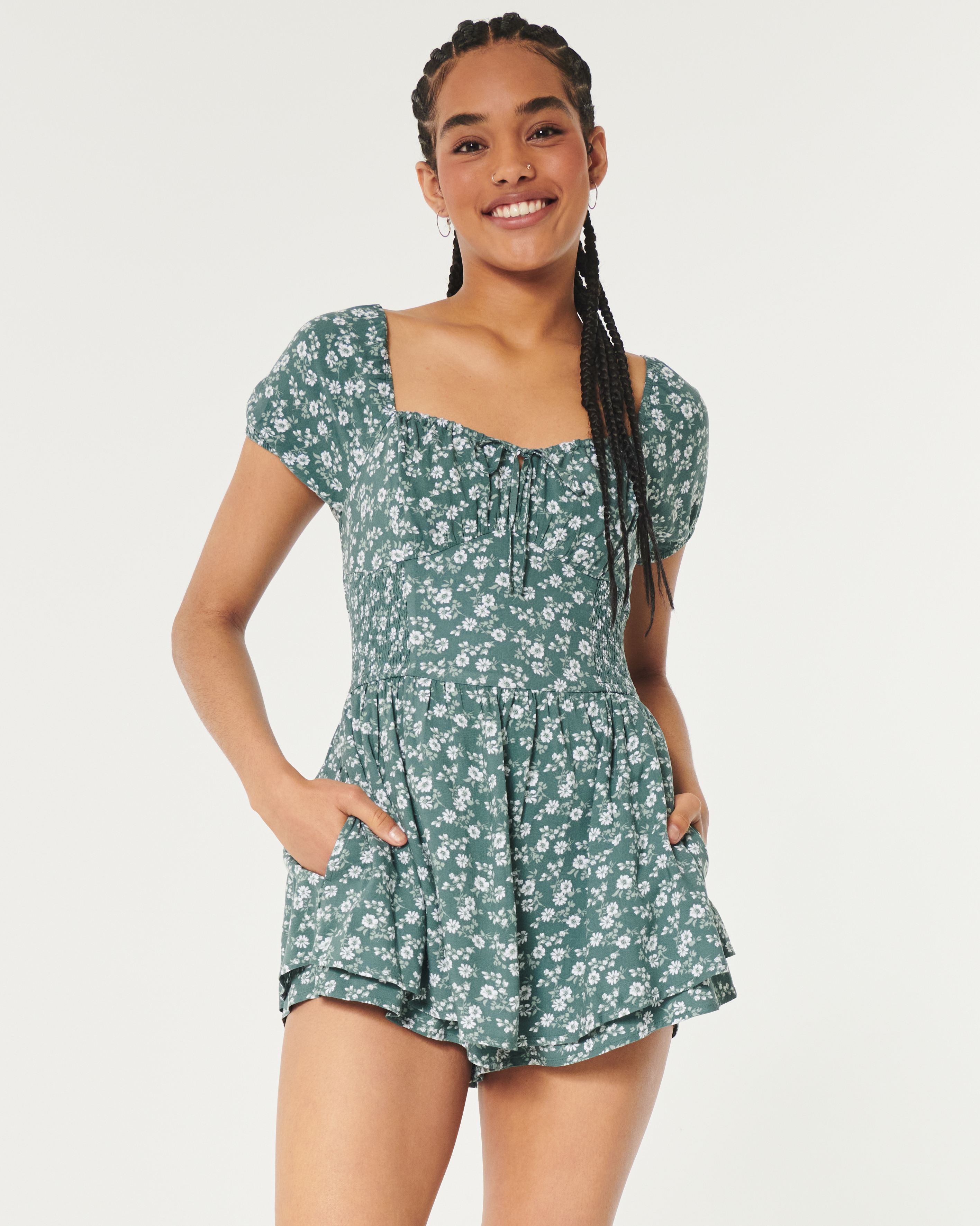Floral Print Short-sleeve Matching Dark Green Shorts Rompers