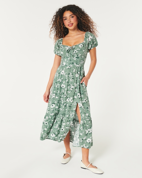 Hollister Sofia Side-Smocked Midi Dress, Green Floral