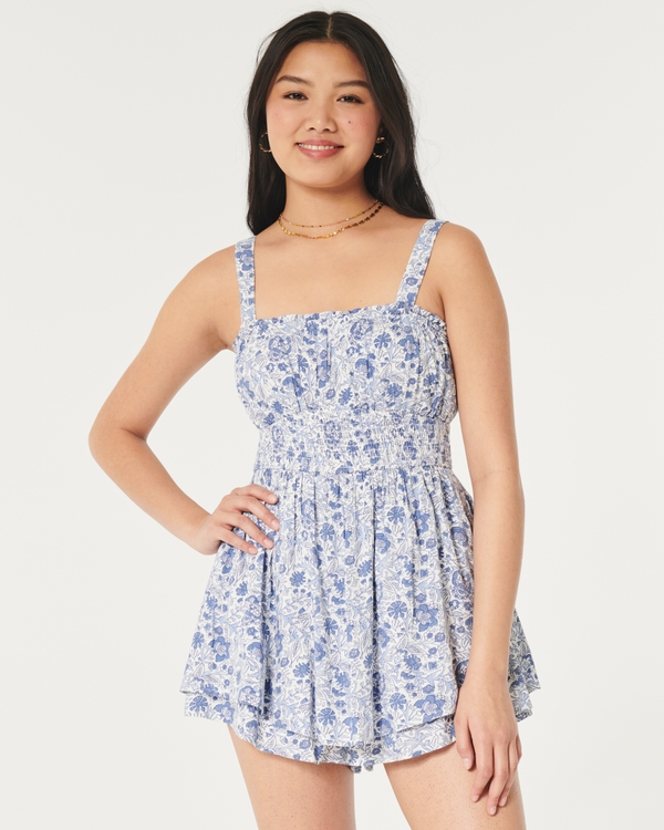 Hollister Saidie Double-Tier Removable Strap Romper, White Floral