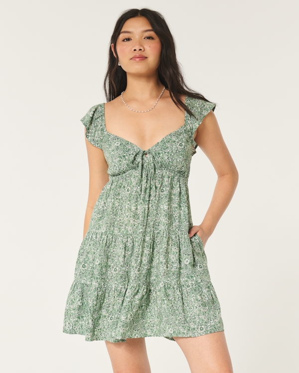 Flutter Sleeve Babydoll Dress, Green Paisley