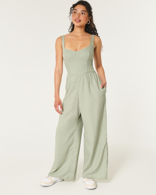 Linen-Blend Side Smocked Jumpsuit, Sage Green