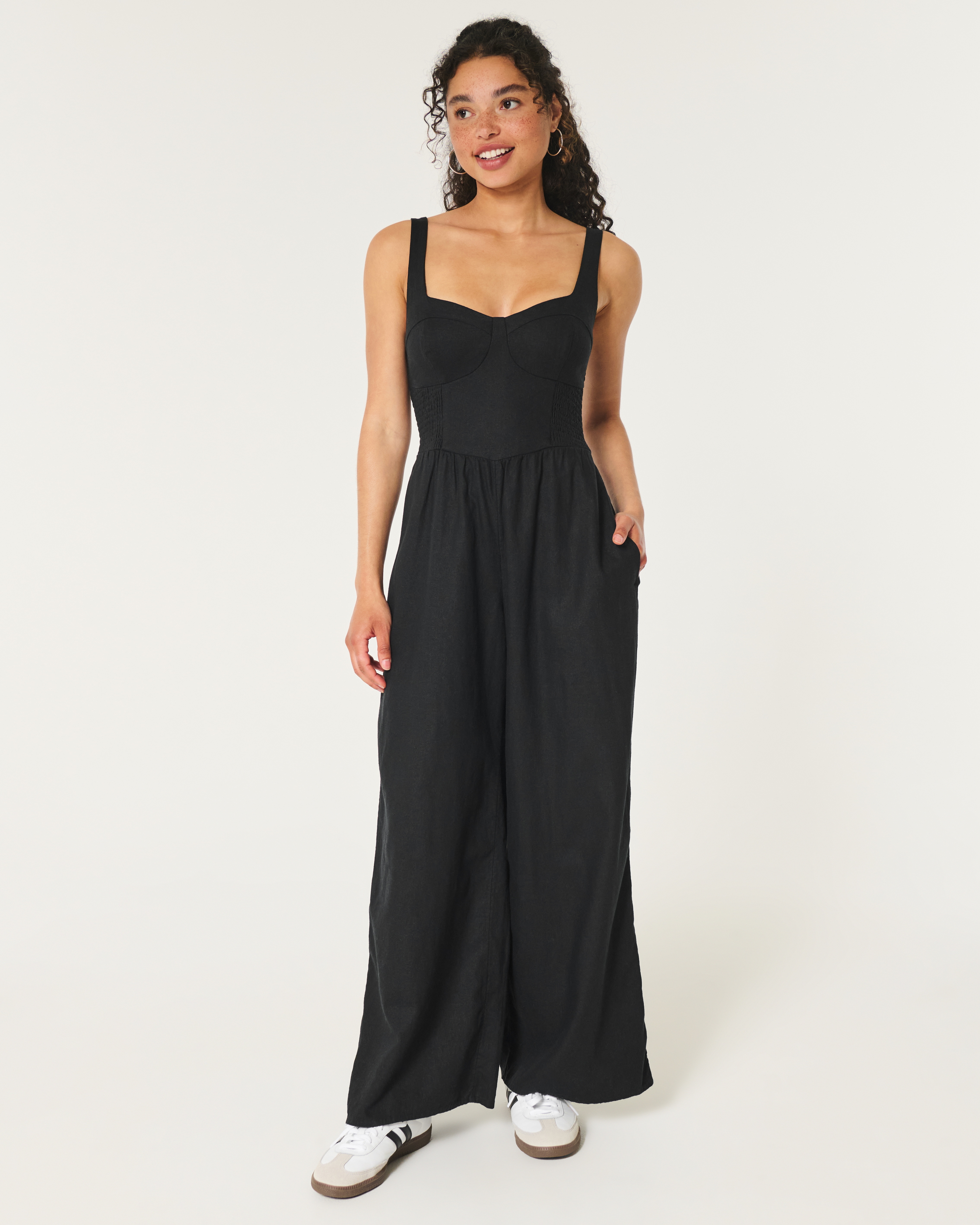 Linen-Blend Side Smocked Jumpsuit