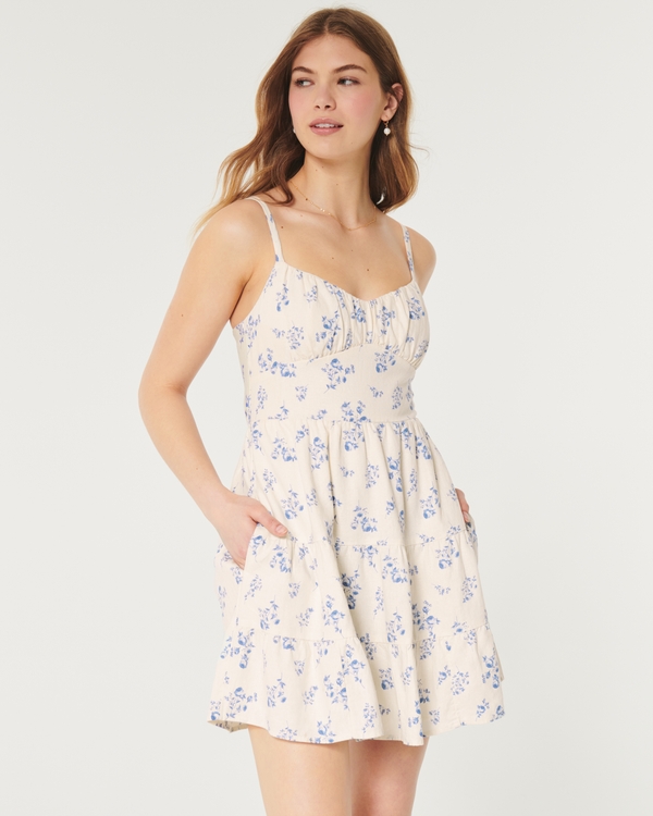 Open Back Linen Blend Mini Dress, Cream Floral