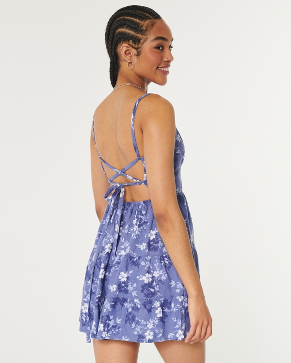 Open Back Linen-Blend Mini Dress, Blue Floral