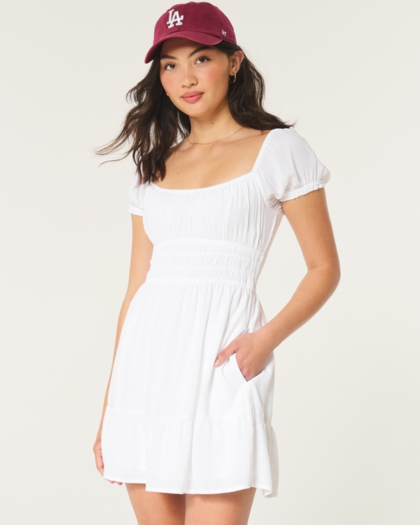 Channeled Waist Mini Dress, White
