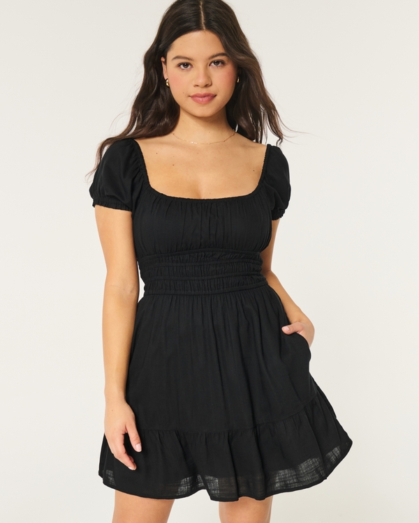 Channeled Waist Mini Dress, Black