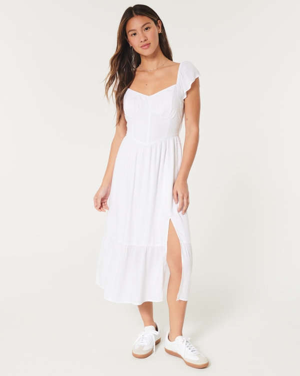 Lace-Up Back Midi Dress, White