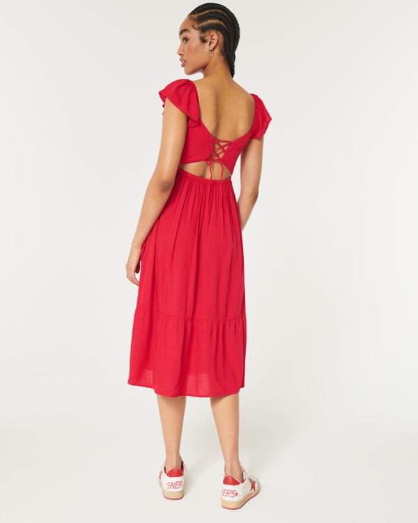 Lace-Up Back Midi Dress, Red