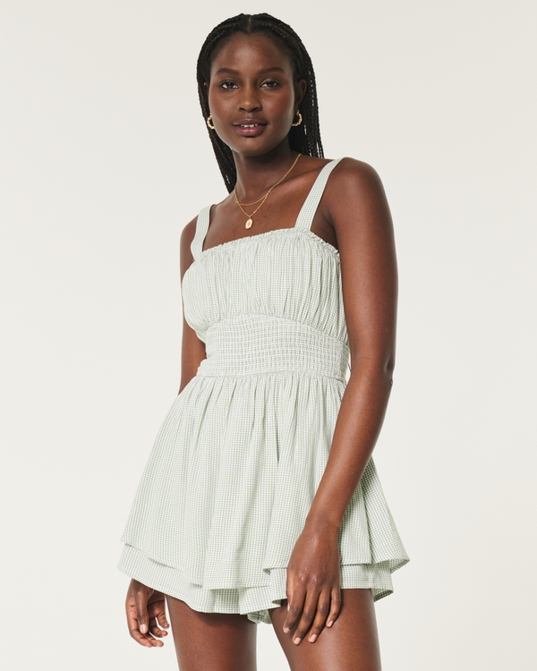 Hollister Saidie Removable Strap Romper, Sage Green Check