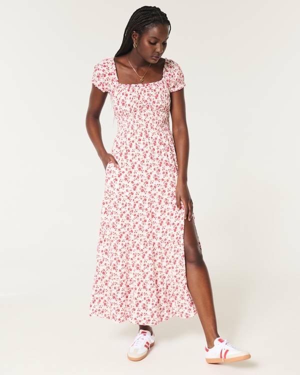 Hollister Saidie On/Off-the-Shoulder Tiered Hem Maxi Dress, White Floral