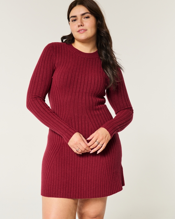 Ribbed Skater Mini Sweater Dress, Maroon