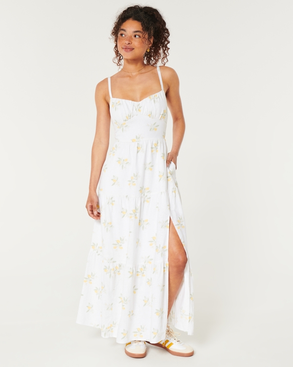 Linen Blend Open Back Maxi Dress, White Print