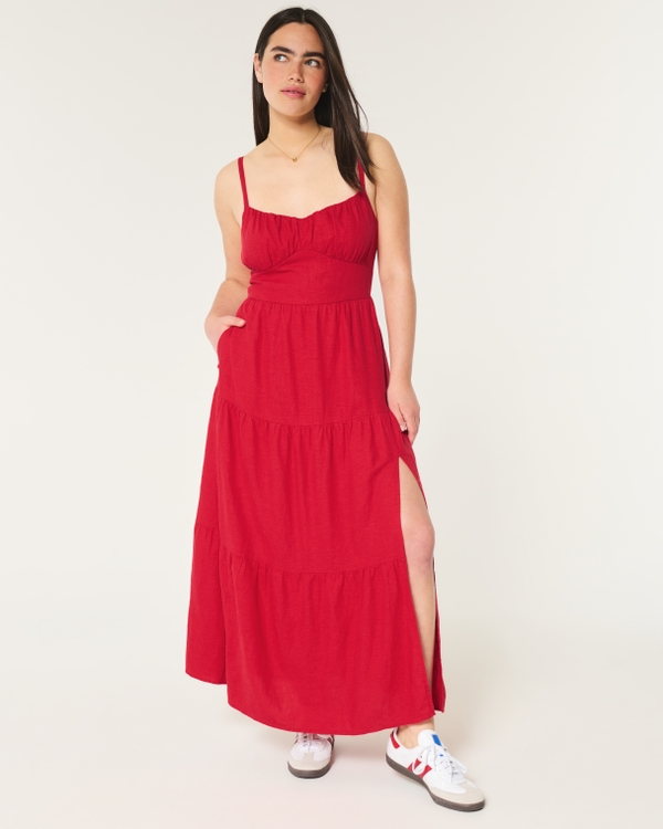 Linen Blend Open Back Maxi Dress, Red