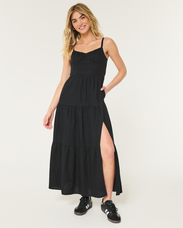 Open Back Linen Blend Maxi Dress, Black