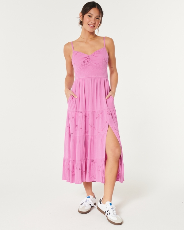 Eyelet Twist-Bust Tie-Back Midi Dress, Pink