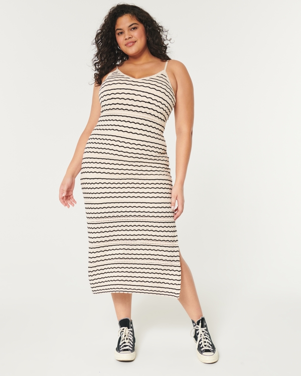 Crochet-Style Midi Dress, Light Brown Stripe